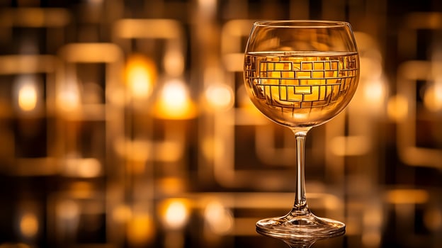 Golden Liquid Reflected in a Glass with Warm Bokeh Lights. photo
