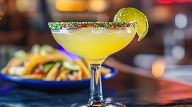 Festive Margarita Cocktail with Tacos and Colorful Bokeh Lights. photo