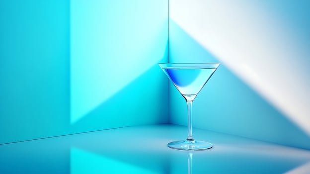 Minimalist Martini Glass with Cool Blue Light and Shadows. photo