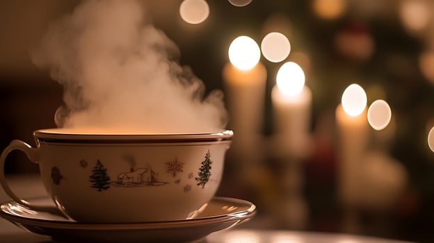 Cozy warm steaming cup of tea with festive bokeh lights. photo