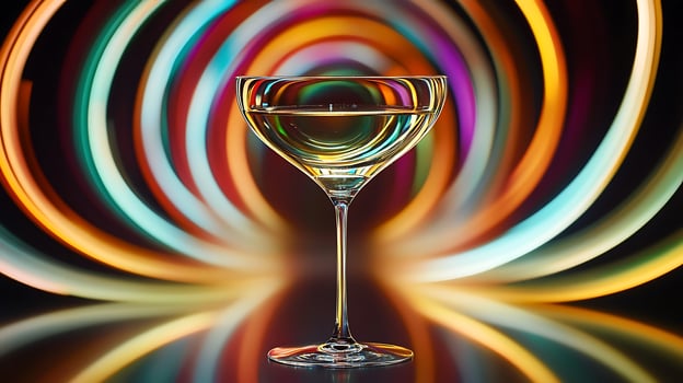 A Single Glass of Drink Refracting Colorful Light Streaks. photo