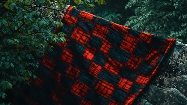 Cozy Blanket Draped Over Mossy Forest Rock. photo