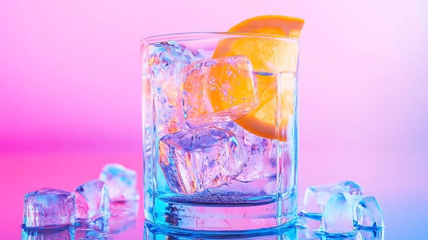 Refreshing Cold Drink with Orange Slice and Ice Cubes on Vibrant Background. photo