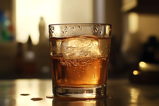 Amber liquid in glass with melting ice and condensation drops. photo