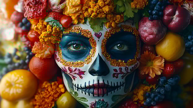 Vibrant Sugar Skull Face Surrounded by Fresh Autumn Fruits and Flowers. photo