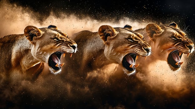 Three Majestic Lions Roar in a Dust Cloud Display of Power. photo