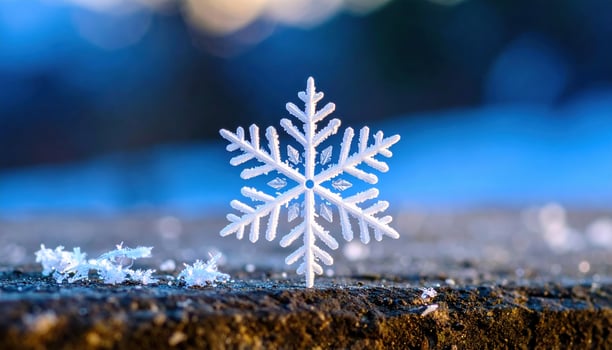 Solitary white snowflake, frozen crystal of intricate beauty, stands in macro focus. Close up captures chilling essence of winter nature, scene of pure, cold wonder photo
