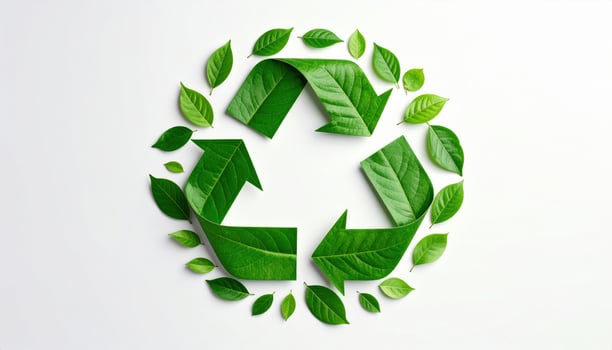 Green recycling symbol made from leaves on white background photo