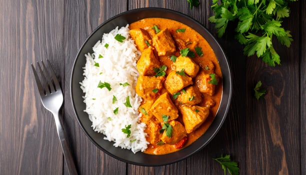 Bowl of spicy chicken curry served with steamed white rice, Indian-style plating, rich color tones, top-down composition photo