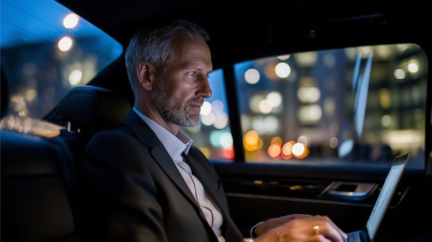 Business executive working on laptop during night car travel. Professional businessman in suit using technology while commuting through illuminated city streets. photo