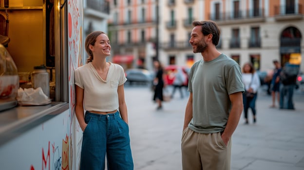 Happy couple enjoys street food lunch date in historic European city center. Young man and woman smile during casual outdoor dining experience near local restaurant with urban architecture background. photo