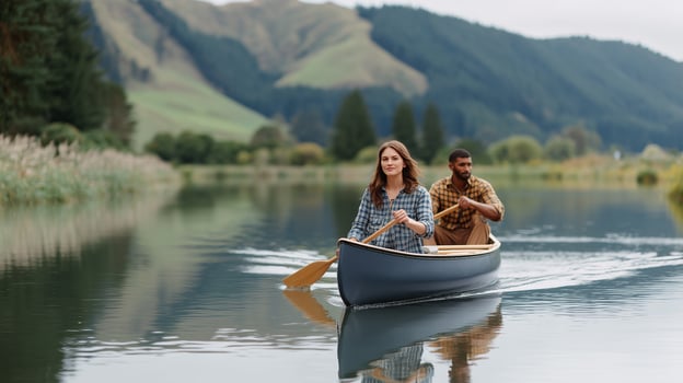 Couple canoeing on a lake photo
