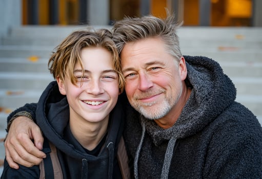 Happy father and teenage son smiling together outdoors photo