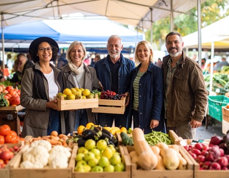 Fresh produce fills vibrant market as diverse group of friends joyfully holds baskets of fruits and vegetables, showcasing community spirit and healthy living photo