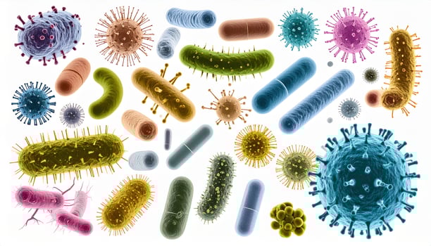 Colorful microscopic view of various bacteria and viruses, showcasing their diverse shapes and structures. This vibrant representation highlights complexity and beauty of microbial life photo