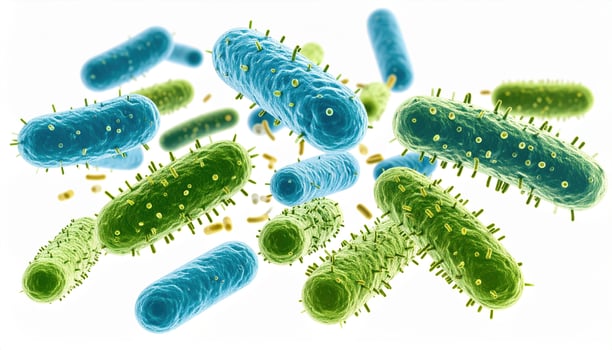 Microscopic view of colorful bacteria, showcasing various shapes and sizes. vibrant blue and green hues represent different bacterial species, highlighting their unique structures and features photo