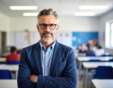 Serious and confident man, professional adult teacher, stands in modern classroom. His gaze conveys deep knowledge and dedication to education, embodying essence of an experienced male educator photo