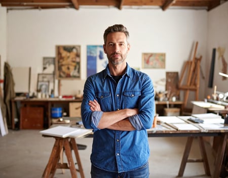 Confident man, creative artist in studio. Bearded adult entrepreneur projects professional presence, arms crossed within casual workspace, conveying determination photo