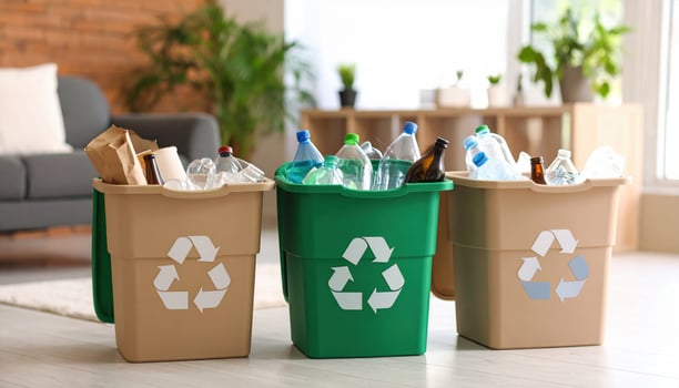 Three recycling bins with recycling symbols on them photo