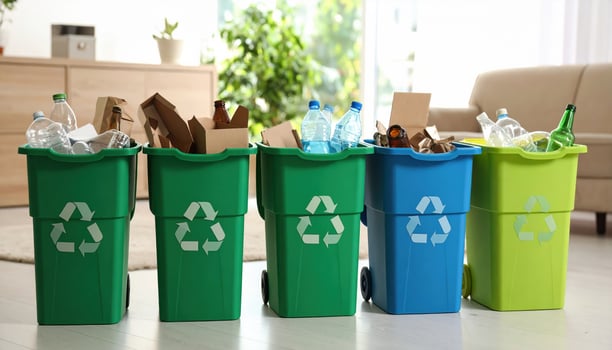Recycling bins full of sorted plastic, paper, glass, and cardboard demonstrate responsible waste management indoors, promoting environmental sustainability and eco friendly practices photo