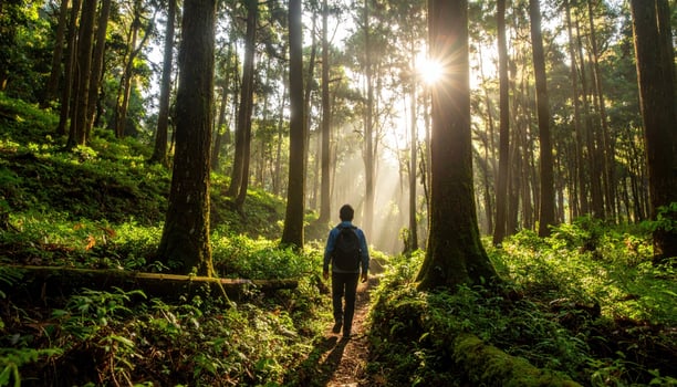 Lone person walks peaceful path in dense green forest, sunlight filters through tall tree canopy. tranquil atmosphere provides serene escape, inviting contemplation and feeling of freedom photo