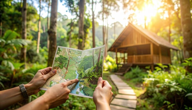 Hands holding detailed map, pointing towards winding path leading to rustic wooden cabin. Lush green forest bathed golden sunlight creates serene outdoor setting, evoking powerful sense photo
