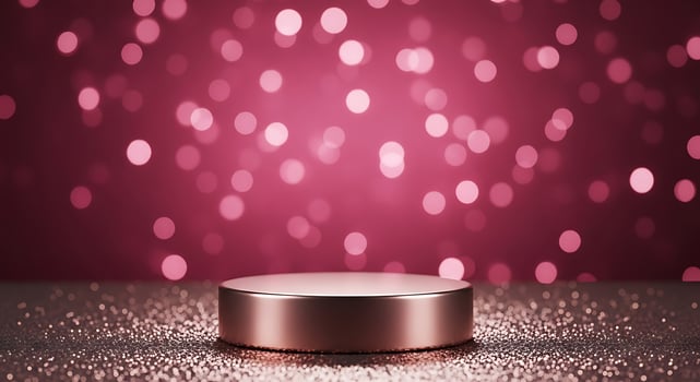 A rose gold metallic display pedestal with glitter and bokeh lights on a pink background photo