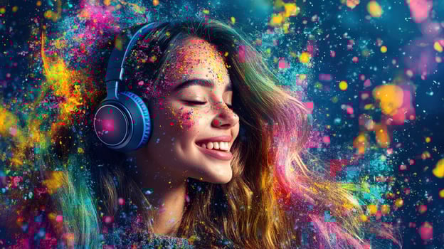 A woman with colorful hair and headphones is smiling photo