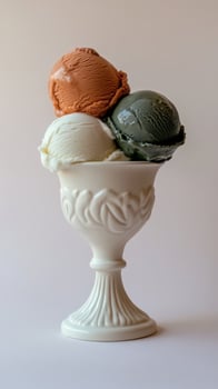 Three ice cream scoops in a white bowl photo