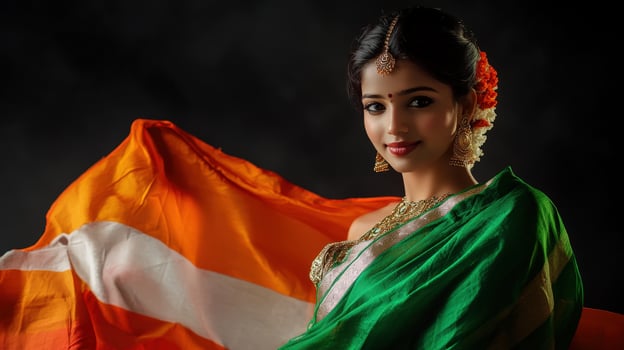 A beautiful indian woman in a sari holding an indian flag photo