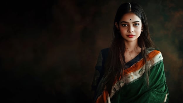 A beautiful young woman in a green sari photo