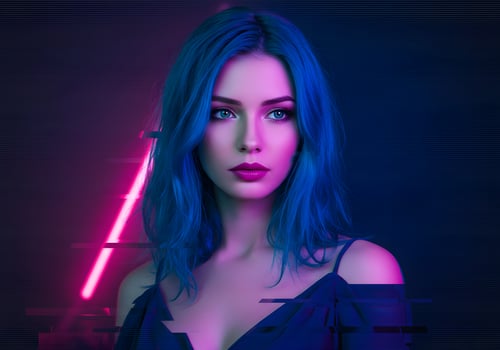 A woman with blue hair and neon lights photo