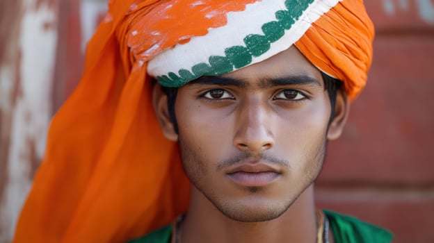 A young man with an indian flag on his head photo