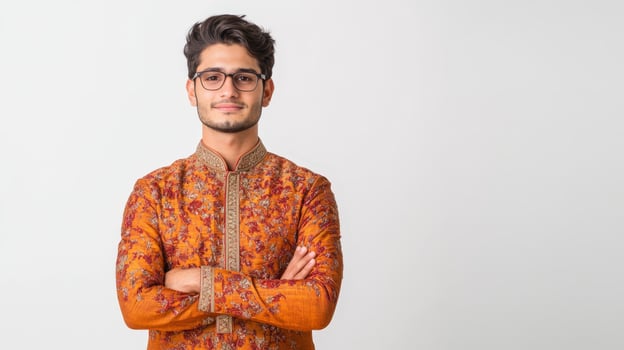 Young man in traditional indian outfit standing with arms crossed photo