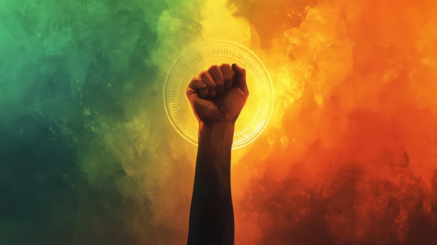 A hand reaching up into the air with a rainbow colored background photo