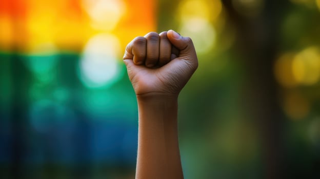 A person's fist is raised in front of a rainbow flag photo