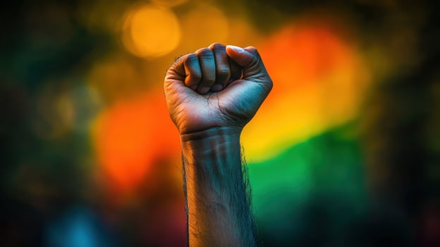 A person's hand is raised up in the air with a rainbow colored background photo