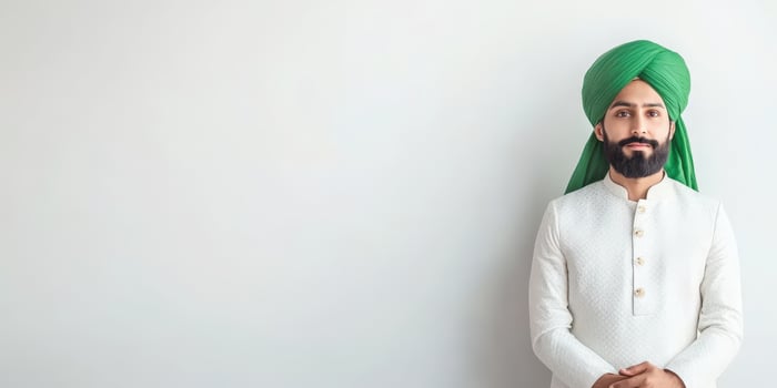A man in a turban standing against a white wall photo