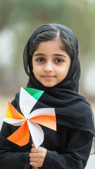 A young girl in a hijab holding a pinwheel photo