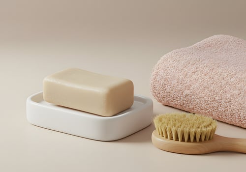 A soap and a brush on a beige surface photo