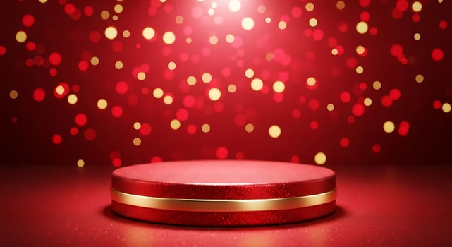 Vibrant red podium with gold accents and dazzling red and gold bokeh, ideal for festive celebrations and special event presentations photo
