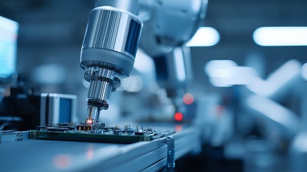 Industrial robotic arm working on electronic circuit board in automated manufacturing facility. Precision assembly technology with blue lighting and advanced machinery for electronics production. photo