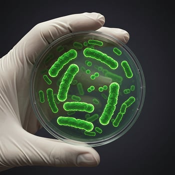 A hand holding a petri dish with green bacteria photo