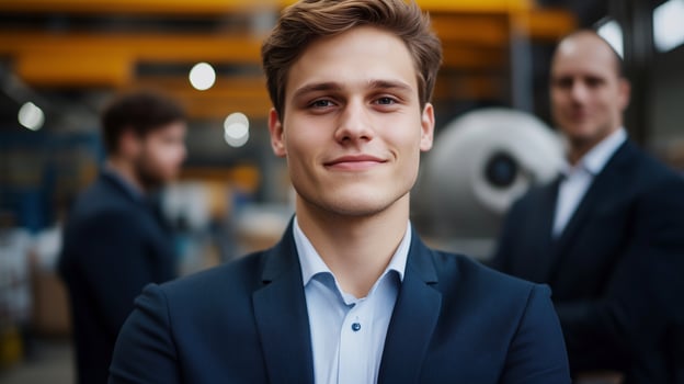 Happy young businessman in plant warehouse portrait image. European entrepreneur in formal attire at factory photography human scene. Industry development concept photo-realistic photo