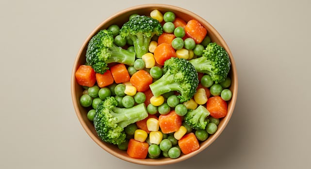 A bowl of vegetables with carrots, peas and corn photo