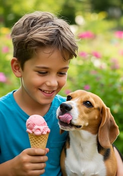 A boy and his dog are eating ice cream photo