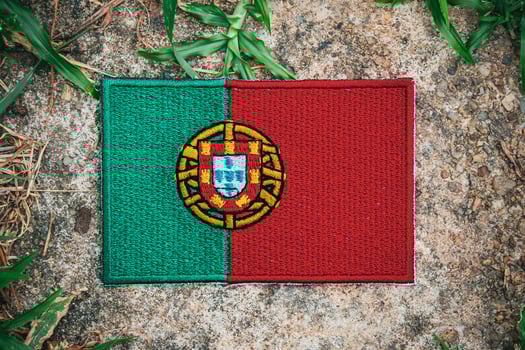 Artisan Portugal flag crafted from fabric and thread, placed on mossy ancient stone with surrounding grass. Ideal for eco-tourism, Earth Day, and climate change themes. photo