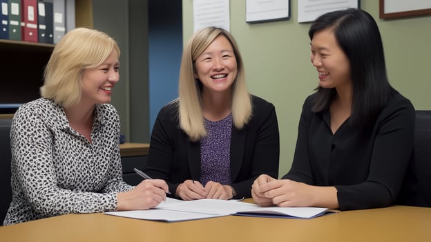 Diverse female team in office collaboration portrait image. Three smiling professional women sit at boardroom table photography human scene. Document review concept photo-realistic photo
