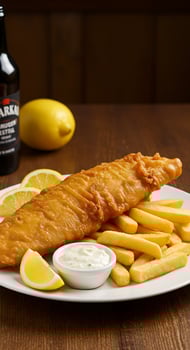 A plate of fish and fries with a bottle of beer photo