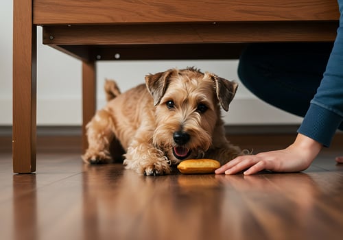 A dog playing with a biscuit under a table photo
